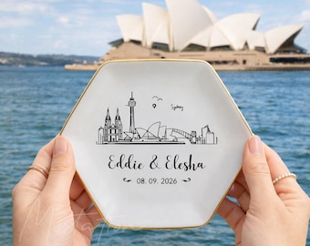 Gepersonaliseerde trouwlocatie trinket schotel, bord afstuderen locatie, Australië City Skyline sieraden schotel, Sydney City Lineart Ring Tray