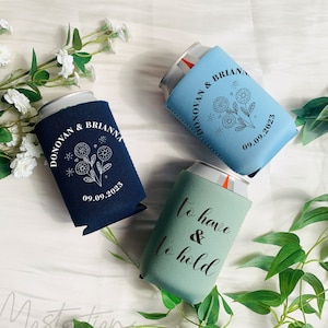 Personalized Skinny Wedding Can Cooler, Stubby Holder For Bachelor Party, Beer Can holder, Wedding Reception Favors