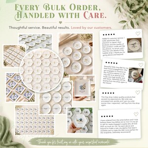 May include: A collage of small white ceramic ring dishes in various shapes, including round, square, and hexagonal, featuring custom black text and illustrations. The image includes customer reviews and the text Every Bulk Order, Handled With Care.