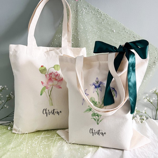 Personalized Birth Flower Tote Bag, Bridesmaid Tote Bag, Girls Party Gift Bag, Maid of Honor Tote, Women Bag, Wedding Favor Tote