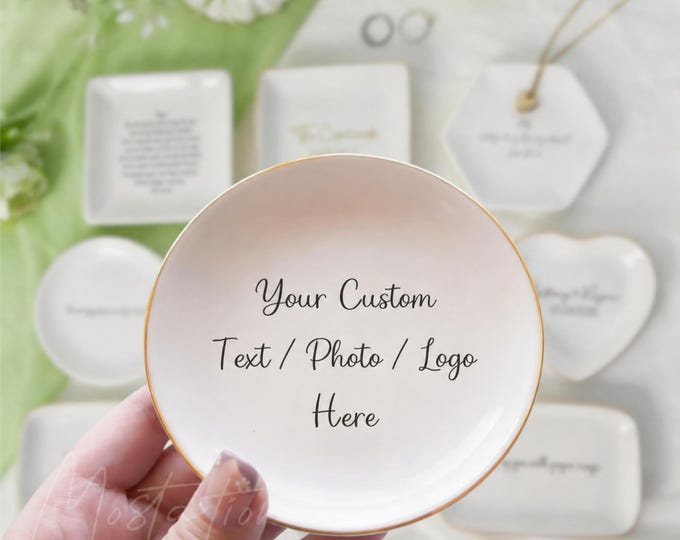 Personalized Text/Photo JEWELRY DISH, Design Your Own Ring Dish, Custom Phrases Trinket Dish Gift, Bulk Team Gifts, Wedding Favors _MSP