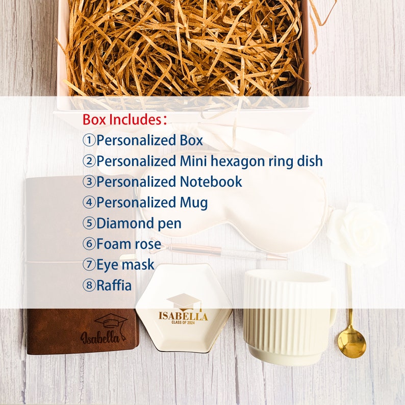 May include: A gift box filled with items including a personalized box, notebook, mug, diamond pen, eye mask, and a hexagon ring dish. The box contains raffia and a foam rose. The ring dish and notebook are personalized with the name Isabella.