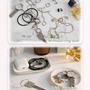 May include: A comparison of jewellery and accessories organised with and without a ceramic ring dish. The top shows scattered items including a watch, necklaces, and keys. The bottom shows the same items neatly arranged on two white ring dishes.