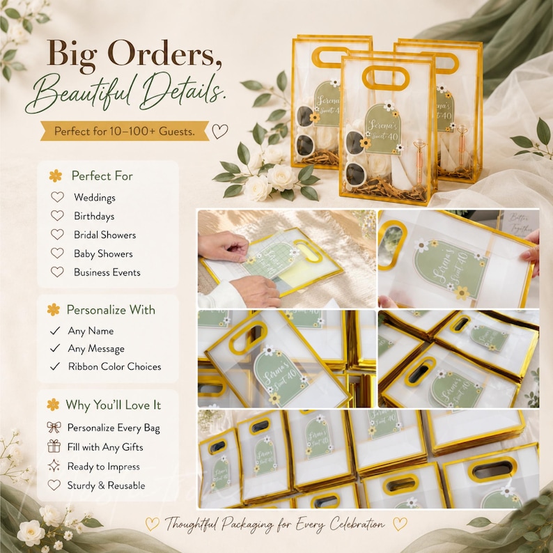 May include: Clear plastic gift bags with gold-toned trim and handles, featuring an arched sage green label with white text reading Serena's Sweet 40 and small white flower graphics. The bags are shown in various arrangements and filled with items.