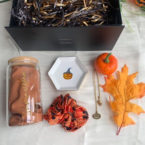 Pu&ograve; includere: Un set regalo composto da un bicchiere in vetro con coperchio in bamb&ugrave; e cannuccia, un piattino in ceramica esagonale bianco con illustrazione di zucca, un elastico per capelli arancione e nero, una collana con ciondolo a zucca dorato e una zucca finta.