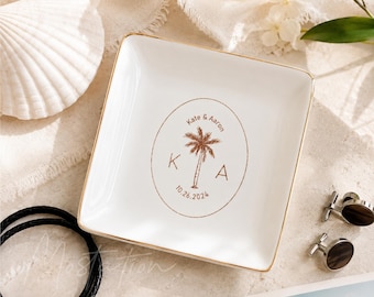Porta-alianças para casamento na praia, porta-alianças personalizado para casal, presente de casamento personalizado para recém-casados, porta-joias em formato de palmeira, lembrança de casamento com tema litorâneo