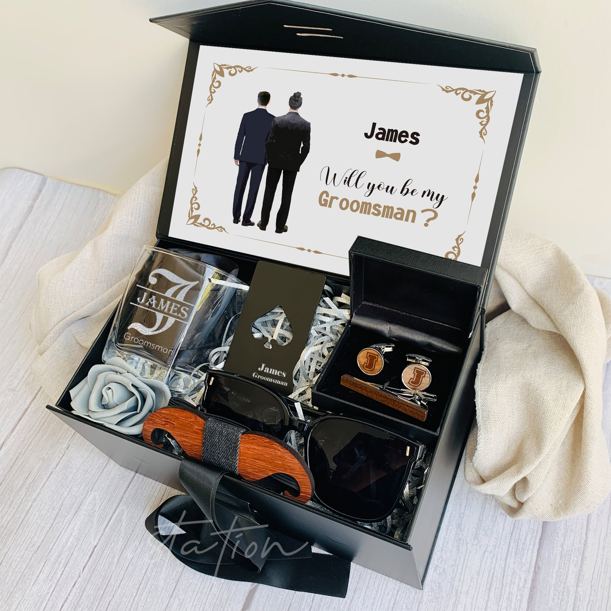 Groomsmen Gift Box with Initials Cufflinks, Monogram Name Rock Glass, Bachelor Party Favors, Groomsmen Gift Set, Personalized Bestman Box