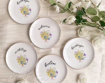 Custom Bridesmaid Name Gift, Personalized Watercolor Flower Ring Dish, Wedding Bouquet Jewelry Dish, Bridal Shower Ring Holder