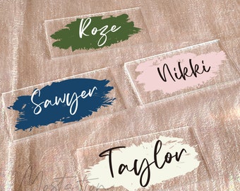 Tarjetas de nombre acrílicas rectangulares transparentes personalizadas, configuración de tarjeta de despedida de soltera, tarjeta de nombre de caligrafía moderna, tarjeta de lugar