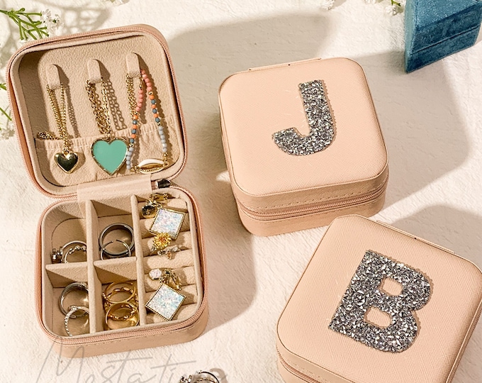 Custom Initial Name Jewelry Storage Case, Monogram Glitter PU Jewelry Box, Jewelry Travel Case, Unique Birthday Gift, Wedding Favor