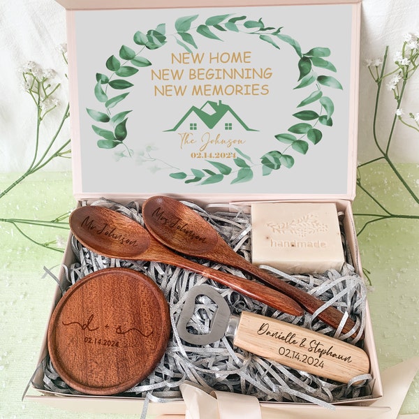 Personalized Housewarming Gifts Box, New Home Hamper Gift, Custom First Home Owners Gift with Wooden Ring Dish & Spoon, Bottle Opener