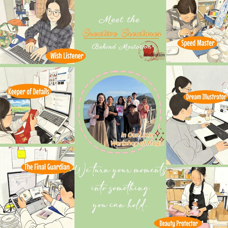 Pu&ograve; includere: Un collage digitale con illustrazioni di persone che lavorano in uno studio, con sovrapposizioni di testo tra cui Meet the Creative Creatures, MoStation, Wish Listener, Speed Master, Keeper of Details, Dream Illustrator, The Final Guardian e Beauty Protector.
