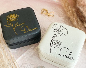 Bridesmaid Proposal Jewelry Box, Personalized Birth Moth Flower Jewelry Travel Case, Custom Name PU Jewelry Box