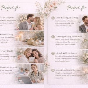 May include: A two-column informational graphic with a floral border featuring eight numbered sections titled Perfect for. Each section includes text descriptions and photographs of people in various settings, including weddings, holidays, and professional environments.