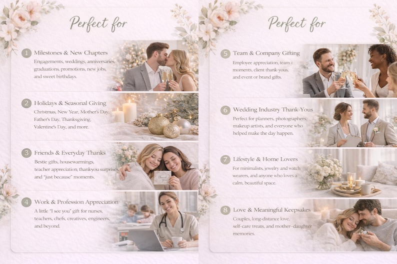 May include: A two-column informational graphic with a floral border featuring eight numbered sections titled Perfect for. Each section includes text descriptions and photographs of people in various settings, including weddings, holidays, and professional environments.