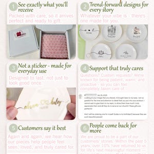 May include: An infographic titled Mostation is not just another shop, featuring six numbered sections. It displays a white shipping box with pink bubble wrap, five white ceramic dishes with custom black text, and two customer review screenshots.