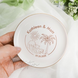 Beach Wedding Jewelry Dish, Sea Wave Ring Holder, Custom Name Trinket Dish, Engagement Gift For Couple, Palm Tree Decor