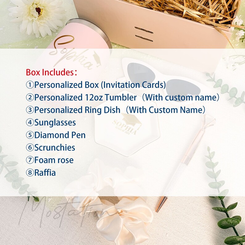 May include: A gift set containing a light pink 12oz tumbler with the name Sophia, a white hexagonal ring dish with a graduation cap graphic, white sunglasses, a diamond-topped pen, a cream scrunchie, a foam rose, and a box with raffia filler.