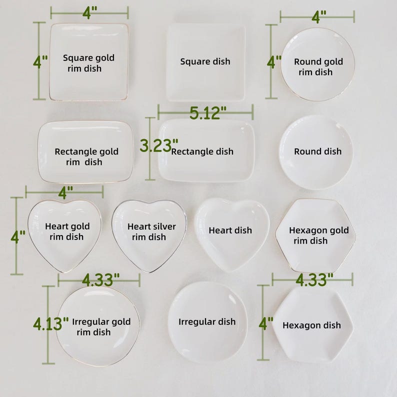 May include: A collection of white ceramic dishes in square, rectangular, heart, hexagon, round, and irregular shapes. Some feature gold or silver rims. Dimensions are labeled in inches, including 4 inches by 4 inches and 5.12 inches by 3.23 inches.