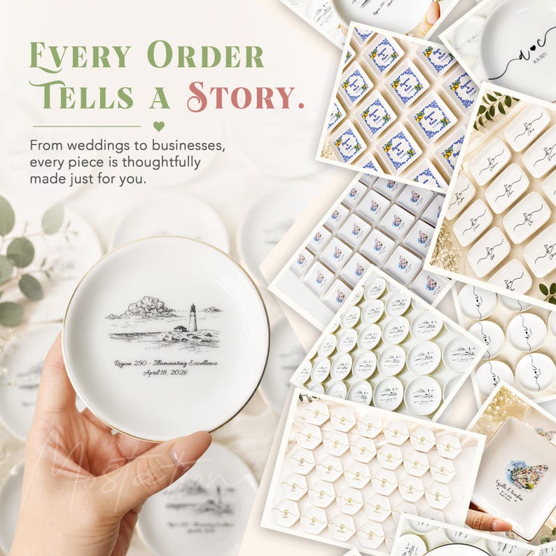 May include: A round white ceramic trinket dish with a gold rim, featuring a black ink illustration of a lighthouse on a rocky shore, with the text "Region 250 - Illuminating Excellence" and the date "April 18, 2026" printed below the image.