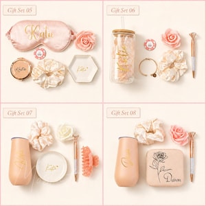 May include: Four gift sets labeled 05 through 08. Set 05 includes a pink sleep mask, mirror, scrunchie, and tray. Set 06 has a glass tumbler, scrunchie, bracelet, pen, and flower. Set 07 features a tumbler, scrunchie, tray, pen, and clip. Set 08 has a tumbler, scrunchie, pen, and jewelry box.