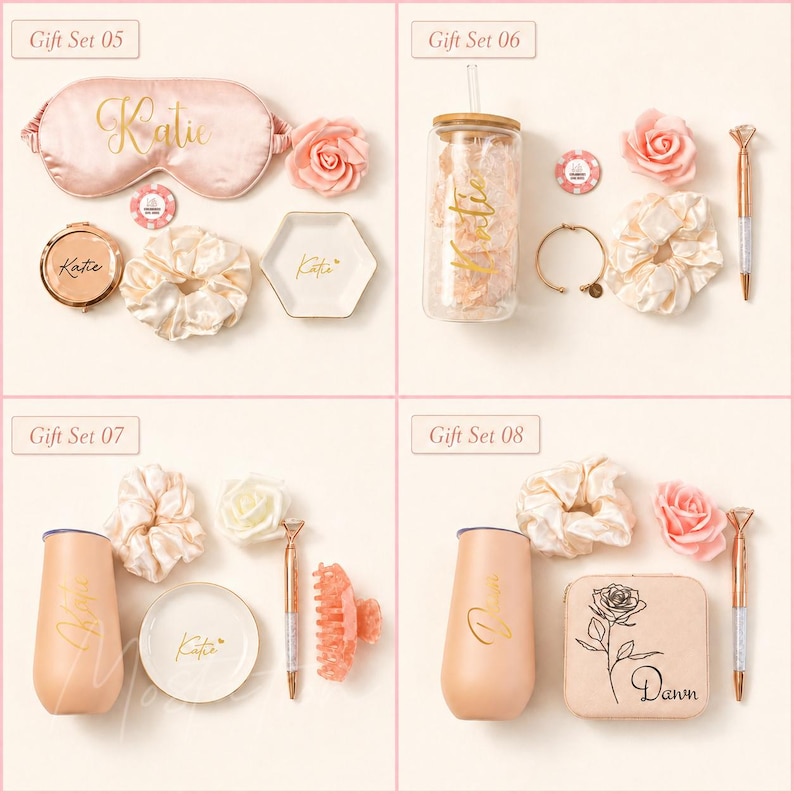 May include: Four gift sets labeled 05 through 08. Set 05 includes a pink sleep mask, mirror, scrunchie, and tray. Set 06 has a glass tumbler, scrunchie, bracelet, pen, and flower. Set 07 features a tumbler, scrunchie, tray, pen, and clip. Set 08 has a tumbler, scrunchie, pen, and jewelry box.