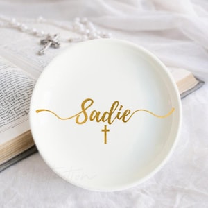 Personalisiertes Geschenk zur Taufe für Mädchen, Benutzerdefinierte Name Kreuz Schmuck Schale, Kommunion Geschenk, Andenken Taufe, Konfirmation Geschenk _MSP