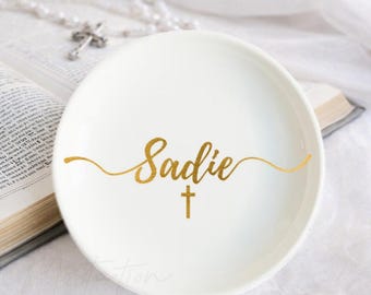 Gepersonaliseerde doopcadeau voor meisje, aangepaste naam kruis sieraden schotel, eerste communiecadeau, doopherinnering, bevestigingscadeau _MSP