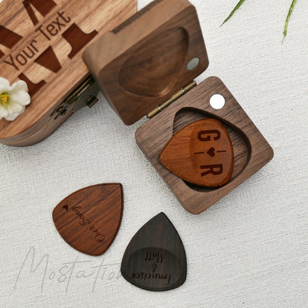 Wooden Guitar Pick With Case, Custom Wood Guitar Pick, Guitar Lover Gift, Personalized Pick Plectrum Holder, Gift for Boyfriend