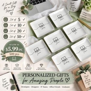 May include: A set of white square ceramic trinket dishes featuring a black line art illustration of a laptop and a personalized name. The dishes have a gold-toned rim and are displayed alongside a gift box with a ribbon and a notebook.