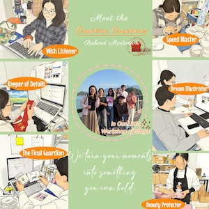 May include: A digital collage featuring multiple illustrated scenes of people working in a studio, with text overlays including Meet the Creative Creatures Behind MoStation, Wish Listener, Speed Master, Keeper of Details, Dream Illustrator, The Final Guardian, and Beauty Protector.