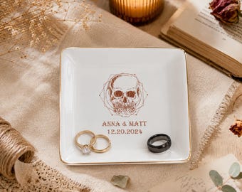 Prato para alianças de casamento até a morte, prato para joias de casamento com caveira, prato para alianças com rosas e caveira, presente romântico para namorado com batimentos cardíacos, bandeja com tema de Halloween