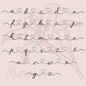 May include: A digital alphabet set featuring lowercase letters in a black cursive script. Each letter is connected to the next by a thin line that forms a small heart shape between them. The letters are arranged in rows against a light pink background.