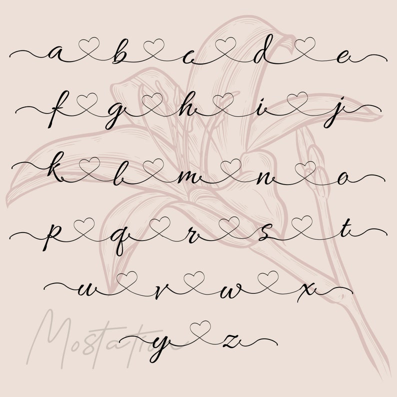 May include: A digital alphabet set featuring lowercase letters in a black cursive script. Each letter is connected to the next by a thin line that forms a small heart shape between them. The letters are arranged in rows against a light pink background.