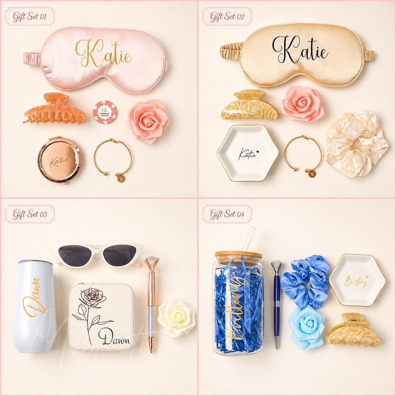 May include: Four gift sets featuring personalized items. Set 01 includes a pink sleep mask, hair clip, mirror, bracelet, and rose. Set 02 has a gold sleep mask, clip, rose, tray, bracelet, and scrunchie. Set 03 includes a tumbler, sunglasses, case, pen, and rose. Set 04 has a glass tumbler, pen, scrunchie, rose, and tray.