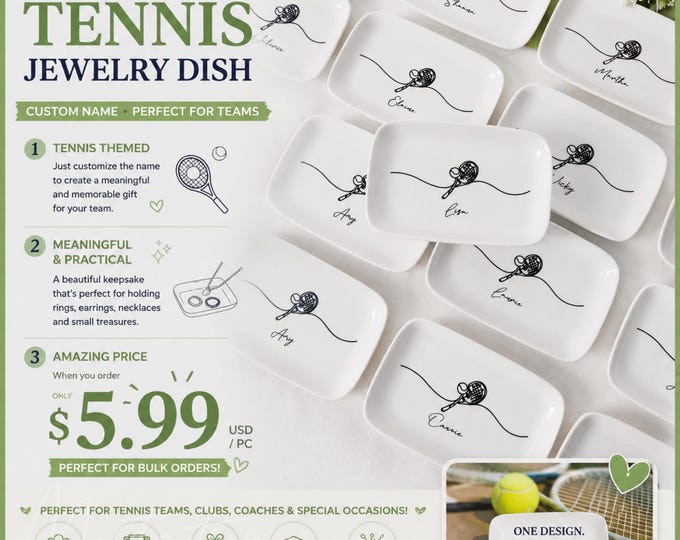 Personalized Tennis Jewelry Dish, Bulk Tennis Team Gifts, Custom Name Ring Dish, Tennis Player Gift, Coach Gift