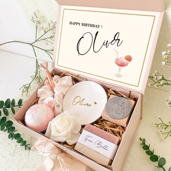 Coffret cadeau joyeux anniversaire, kit cadeau d'anniversaire avec tampon en bois, coffret cadeau SPA personnalisé, cadeau pour meilleur ami_MSP0