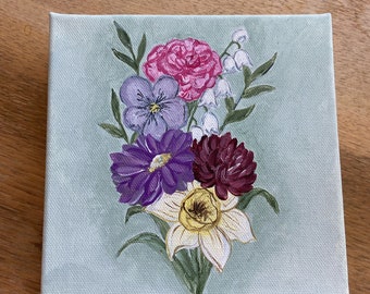 Hand Painted Birth Month Flowers Canvas, Mother's Day Gift