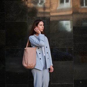 Faded Peach Linen Bucket Bag, Eco-Friendly Minimalist Design for Shopping and Everyday Use, Reusable Medium-Sized Bag image 3