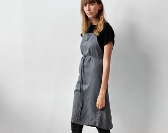 Classic linen apron,Japanese linen apron,Pinafore apron,Japanese minimalist,Washed linen cooking,Kitchen fabric women,Pockets gray
