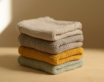 Lot de 4 lingettes en mousseline 60 x 60 cm, 4 couleurs, Menthe, Moutarde, Gris clair, Gris, Cadeau pour bébé, Cadeau baby shower