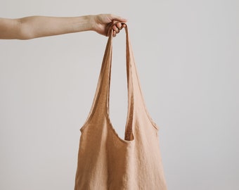 Bolsa de compras minimalista, bolsa de compras plegable, bolsa de comestibles de lino, asas largas de bolsa de comestibles, bolso de mano de lino, bolso de mano minimalista, bolso de mano de melocotón