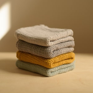 Set of 4 60x60 cm Muslin cloths, 4 colors, Mint, Mustard, Light gray, Gray, Gift for baby, Baby shower gift image 1