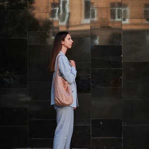 Faded Peach Linen Bucket Bag, Eco-Friendly Minimalist Design for Shopping and Everyday Use, Reusable Medium-Sized Bag image 5