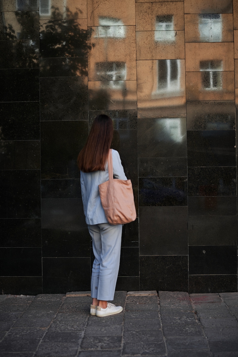 Faded Peach Linen Bucket Bag, Eco-Friendly Minimalist Design for Shopping and Everyday Use, Reusable Medium-Sized Bag image 6