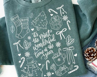 Comfort Colors® Christmas Sweatshirt, Coquette Bow Christmas Shirt, Women's Holiday Sweater, Xmas Season Shirts, Holiday Gift Sweatshirt