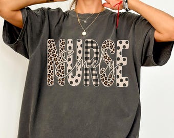 Comfort Colors® Personalized Nurse Shirt, Nurse Name Shirt, Retro Leopard Polka Dots Nurse T-Shirt, RN Shirt, Nursing School Tee, Nurse Gift