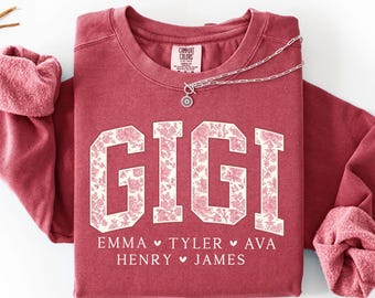 Comfort Colors® Personalized Gigi Sweatshirt With Grandkids Names, Pink Toile De Jouy Grandma Sweater, Custom Gift For Gigi Christmas Gift
