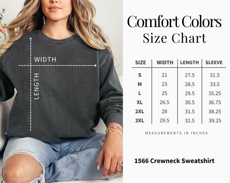 May include: A dark grey crew neck sweatshirt with a size chart. The chart lists sizes S to 3XL, with measurements in inches for width, length, and sleeve length. The text "Comfort Colors Size Chart" is at the top.