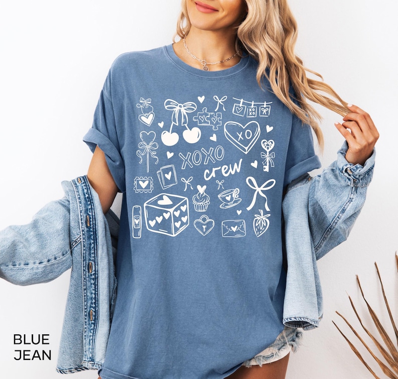 XOXO Crew Shirt, Valentine's Day Shirt Women, Galentine's Day Matching Tees Blue Jean
